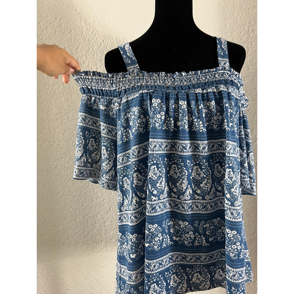 Cold Shoulder Smocked Top Blue White Paisley Floral Boho Flutter Sleeve Blouse